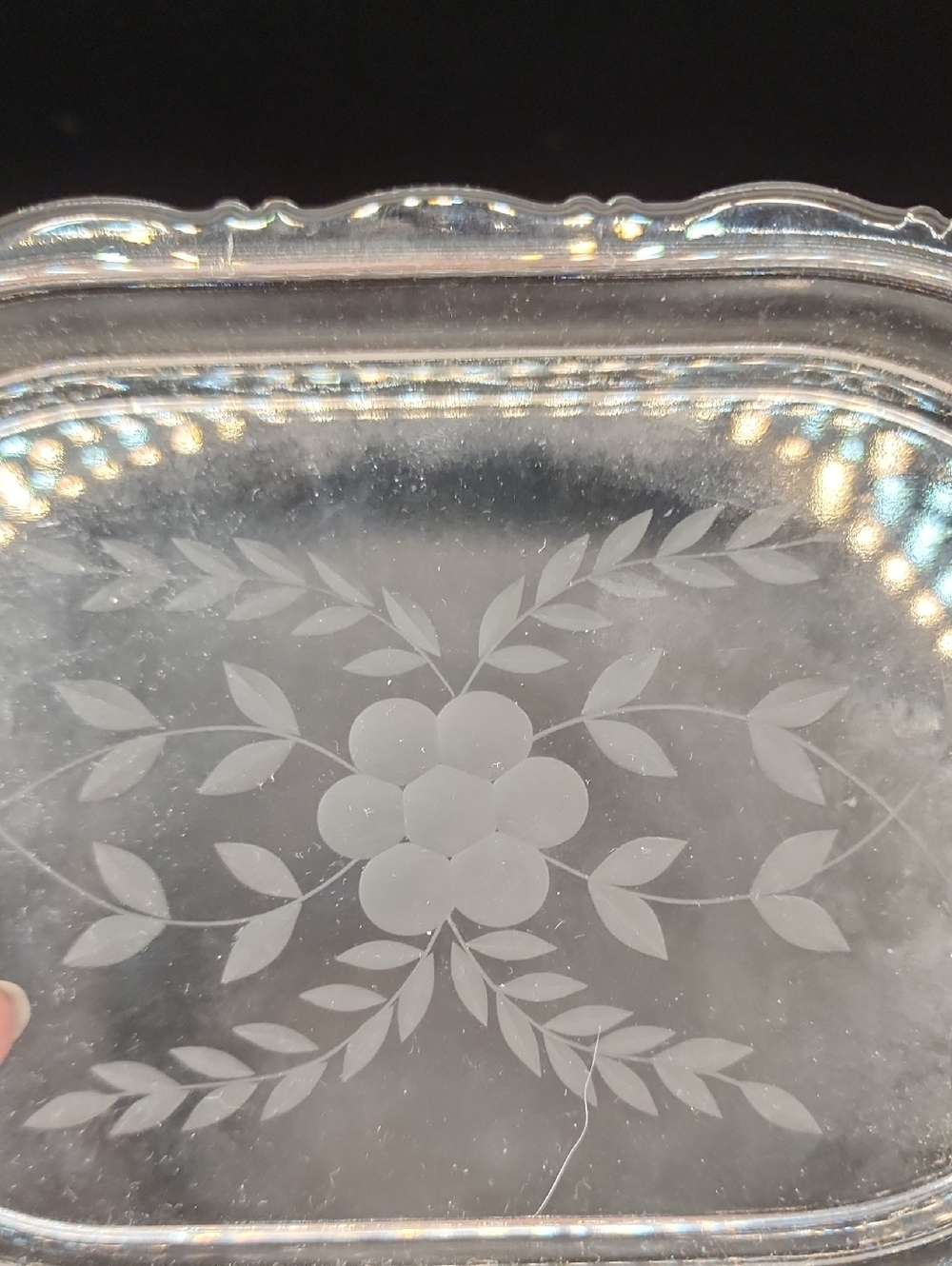 Glass Relish Serving Dish Clear Etched Ruffled Edge Double Handled